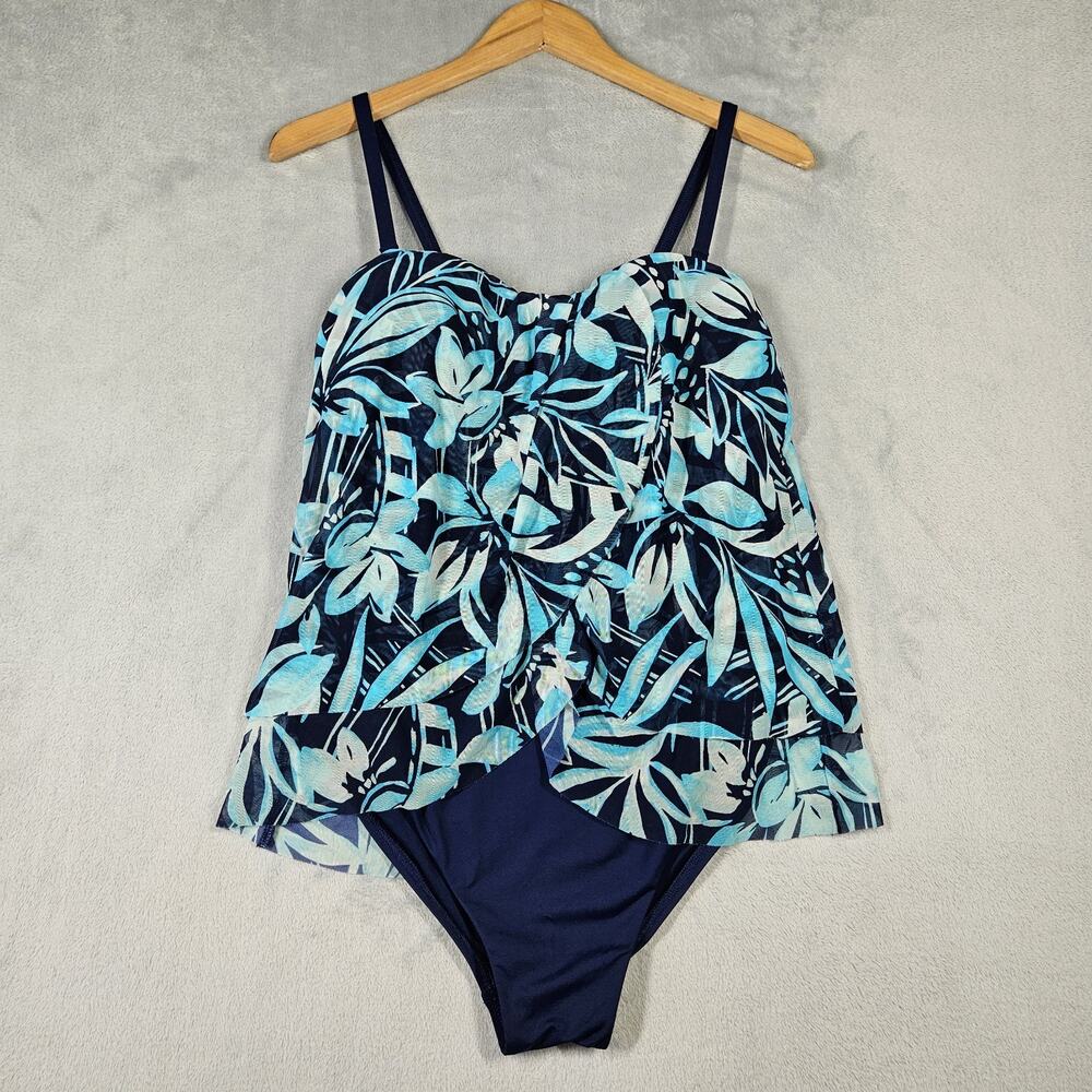 Lands End One Piece Swimsuit Womens Sz 12 Mesh Bandeau High Leg Fauxkini Floral